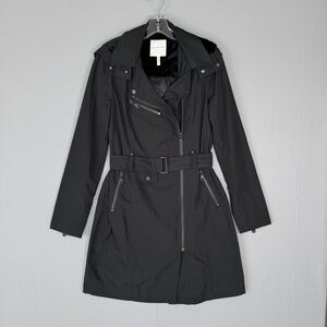 AVEC‎ LES FILLES Moto Trench Coat XS Black Belted Removable Hood Asymmetric Zip